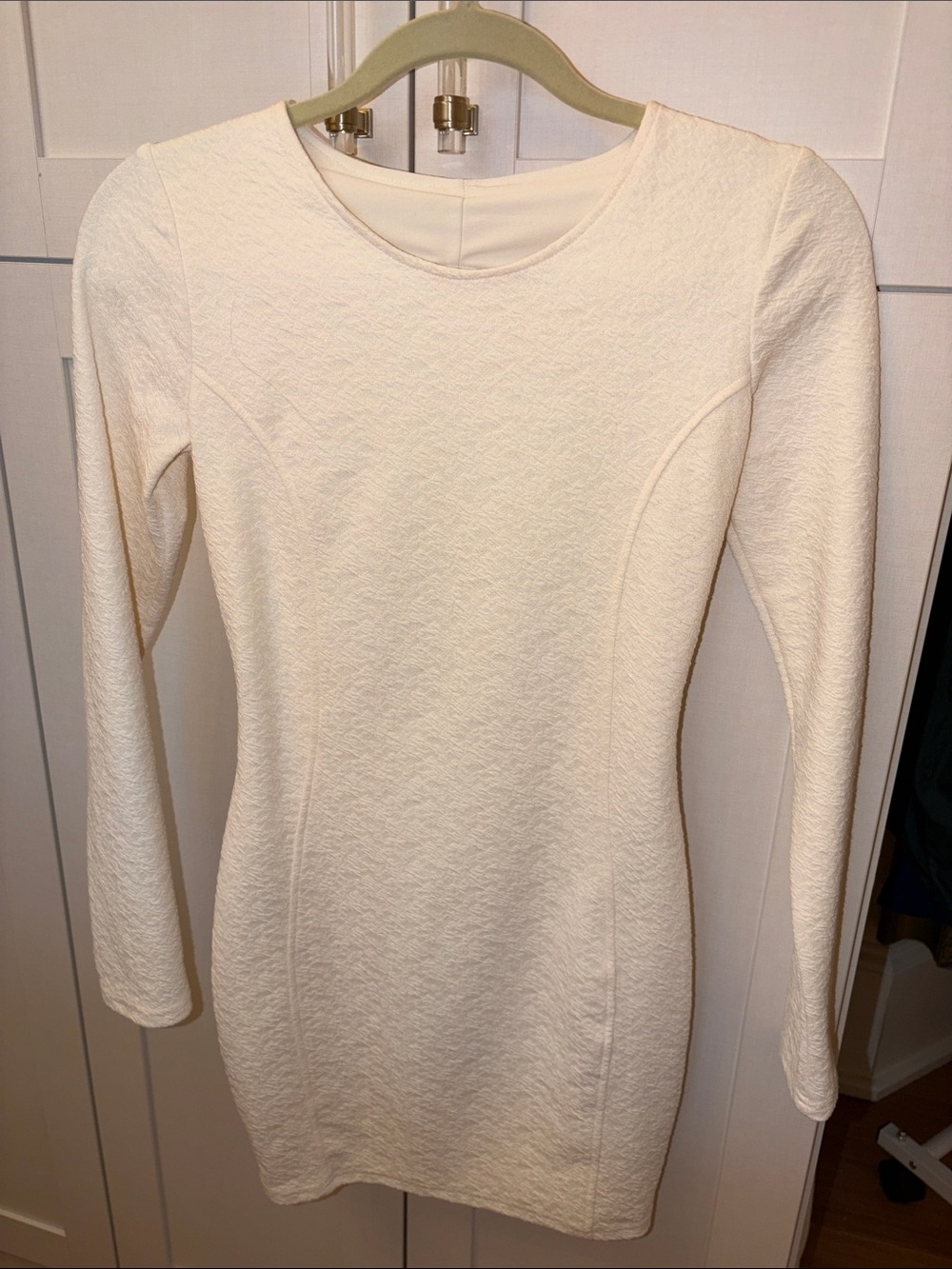 Cream Long-Sleeve Textured Bodycon Dress
